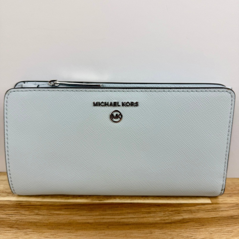 Michael Kors Jet Set Travel Slim Bifold Wallet Light Blue Saffiano Leather